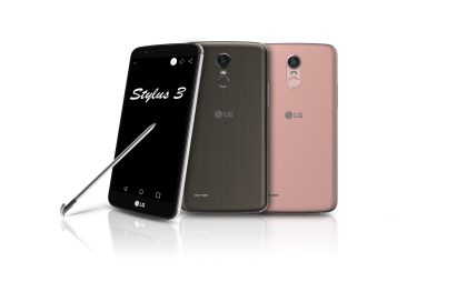 Front and rear view of LG Styler smartphones in two different colors while being put next to a stylus