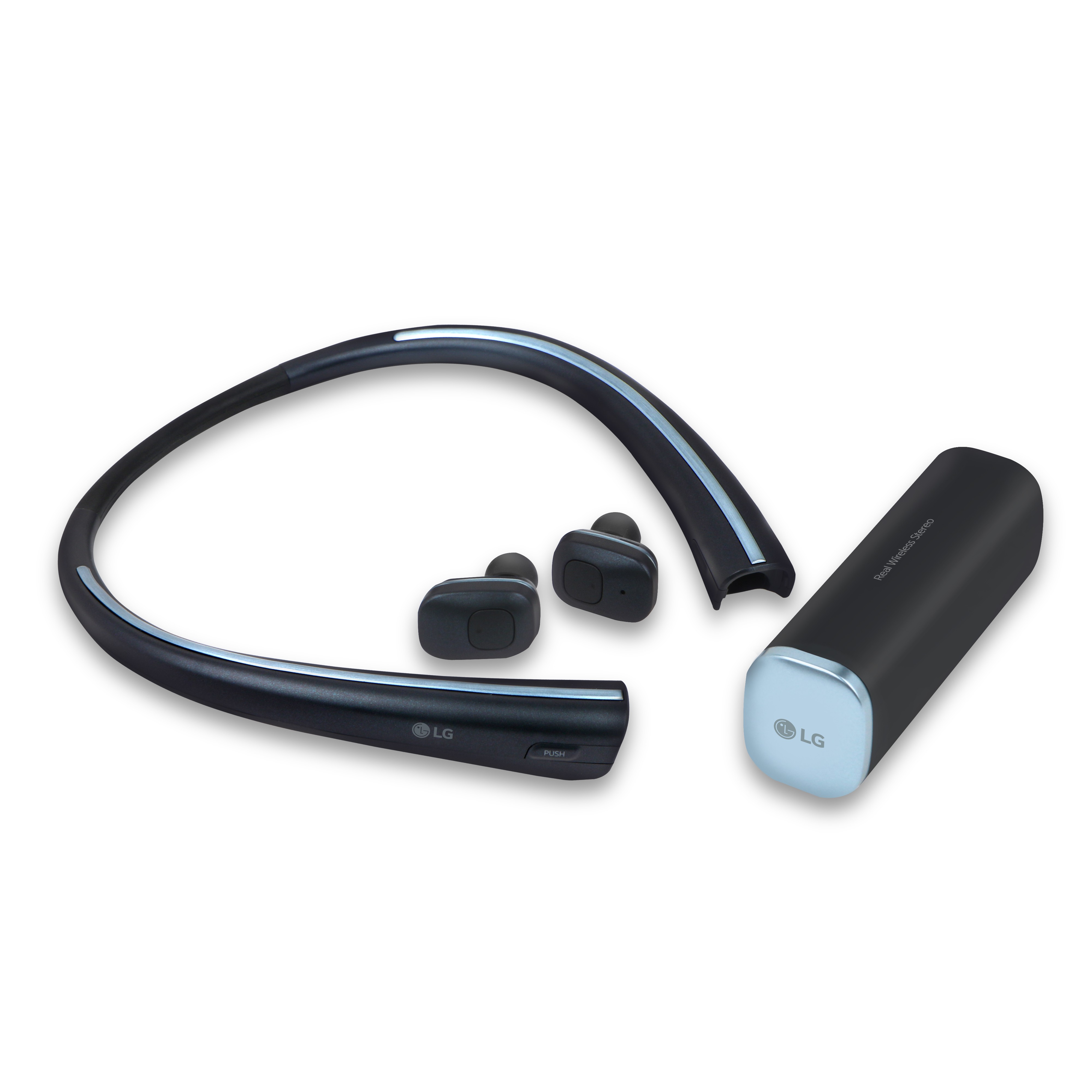 The front left view of the LG Tone Free with the wireless earbuds extracted from the neckband and the optional charging cradle on the right