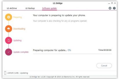 Screenshot of LG Bridge app: 360 CAM update in progress