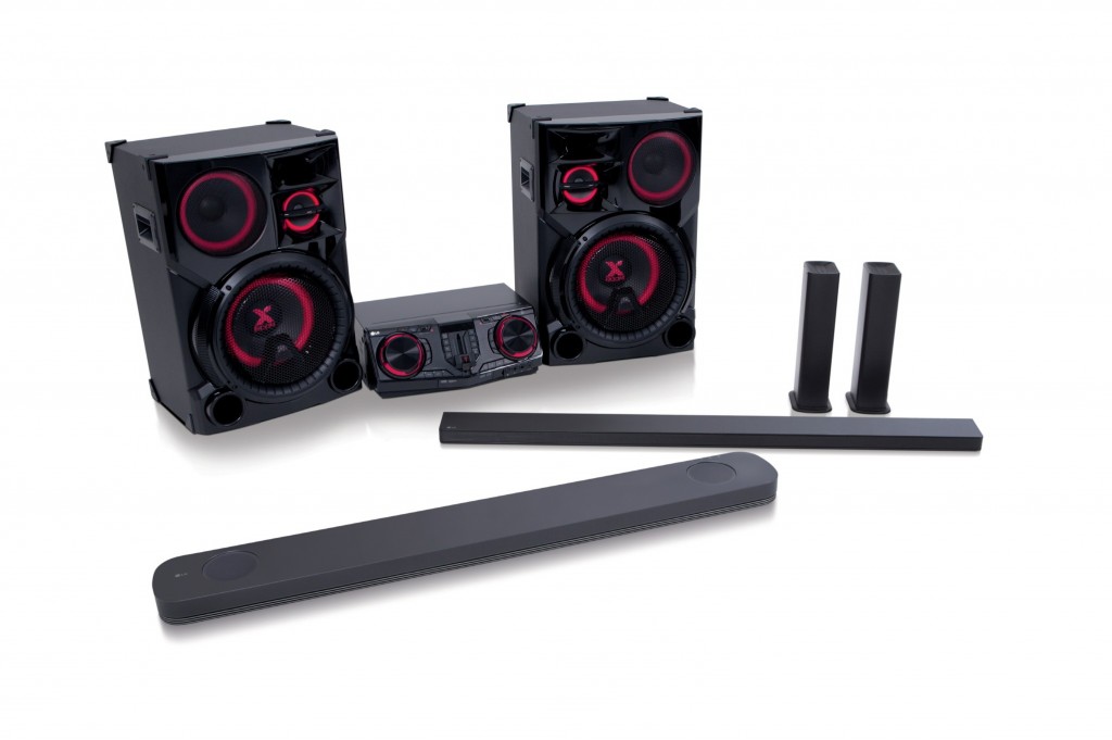 A slight side view of the LG CAV collection with soundbar models SJ9, SJ8, SJ7 and LG LOUDR sound system model CJ98.