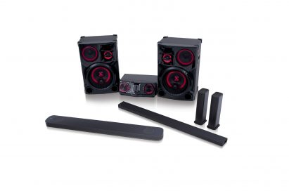 A front view of LG CAV collection with soundbar models SJ9, SJ8, SJ7 and LG LOUDR sound system model CJ98