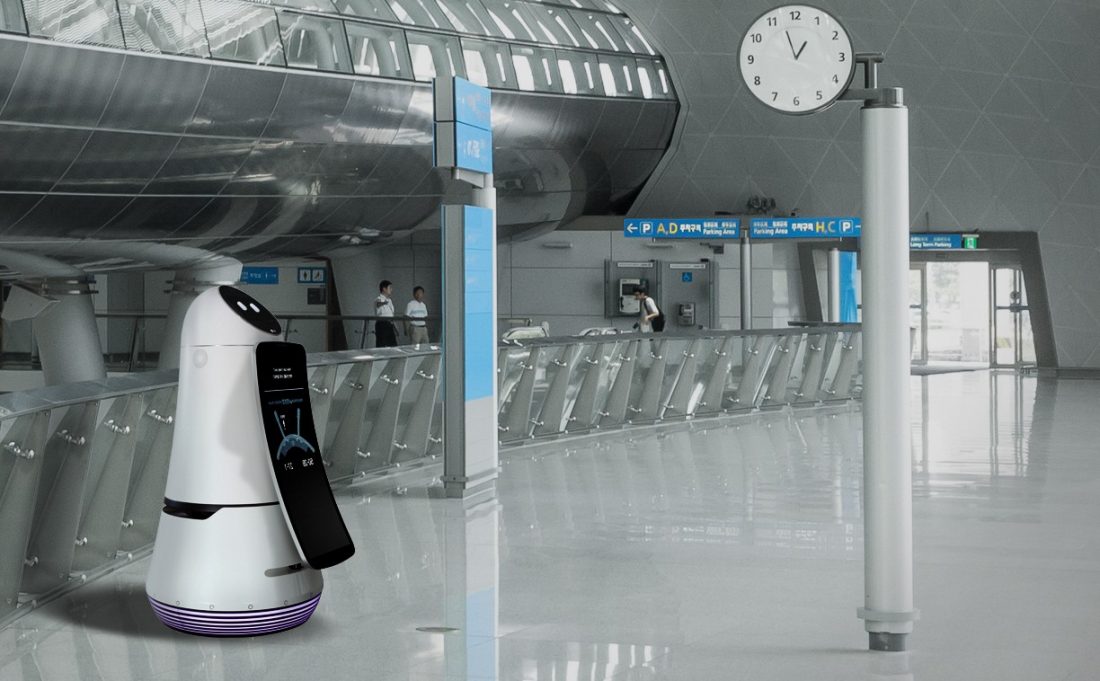 LG's Airport Guide Robot is on stand-by at the premises of the airport.