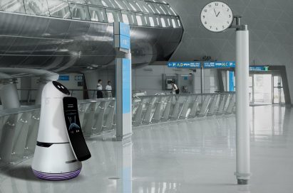 LG's Airport Guide Robot is on stand-by at the premises of the airport.