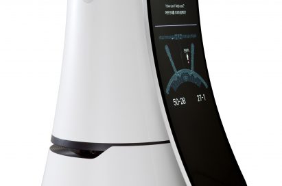Front view of LG's Airport Guide Robot facing 45 degrees to the right