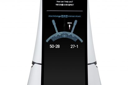Front view of LG's Airport Guide Robot with the airport map on its display