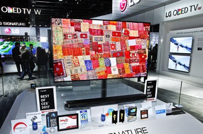 Another view of the award-winning LG SIGNATURE W7 OLED 4K TV on display at CES 2017.