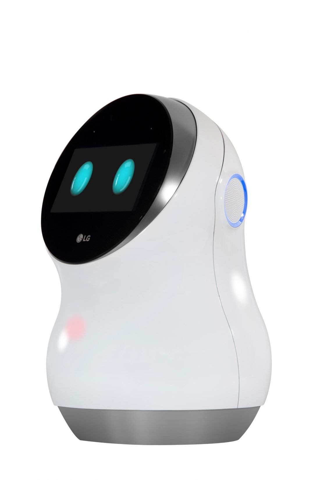 Front view of LG's CLOi hub robot facing 45 degrees to the left