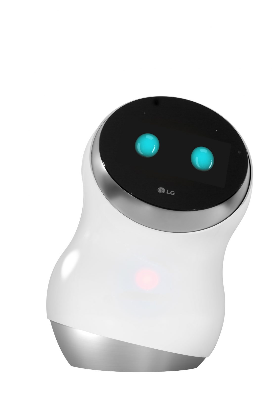 Front view of LG's CLOi hub robot leaning over to the right