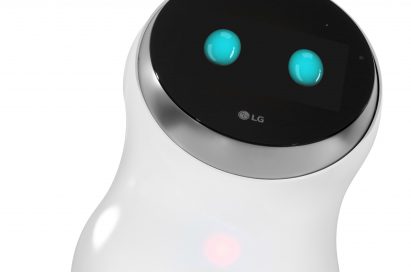 Front view of LG's CLOi hub robot leaning over to the right