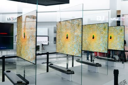 The LG SIGNATURE OLED TV W CES 2017 installation while moved one behind the other