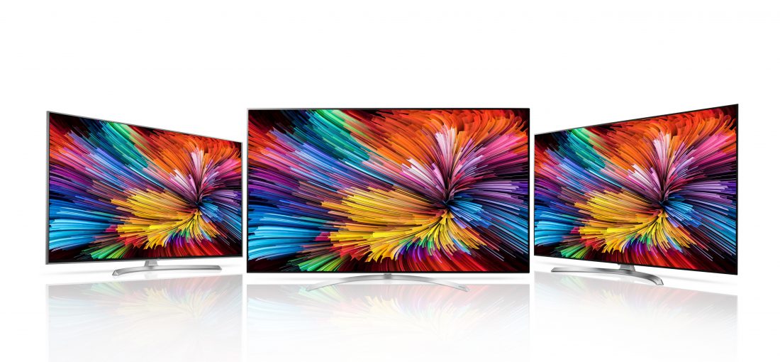 Front view of three LG SUPER UHD TVs (model SJ95), two of them at the flanks are rotated to face the one at the center