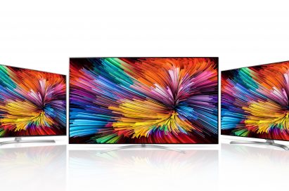 Front view of three LG SUPER UHD TVs (model SJ95), two of them at the flanks are rotated to face the one at the center