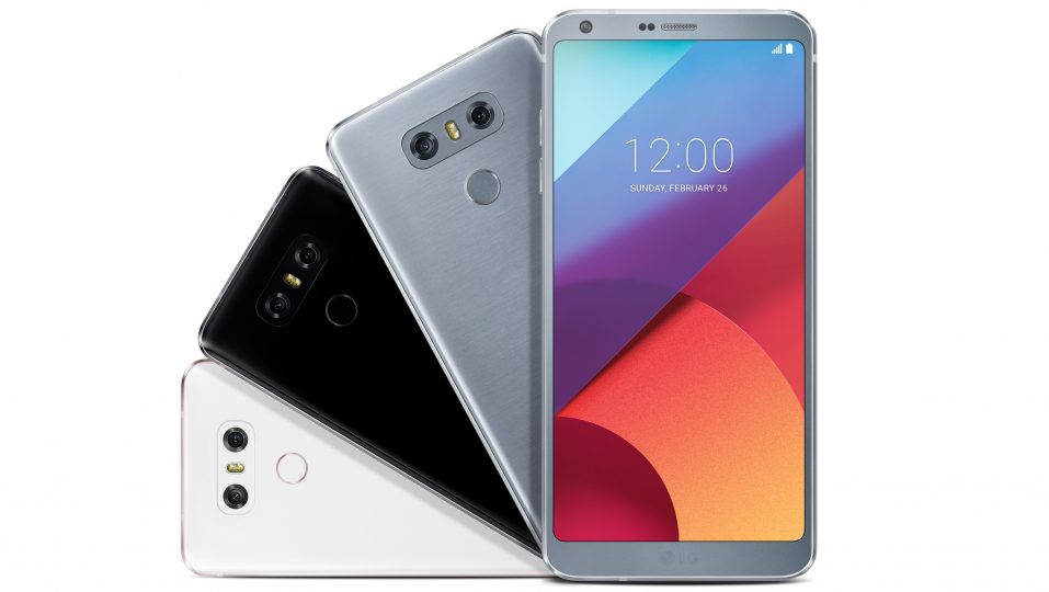 The front and back view of the LG G6 in Mystic White, Astro Black and Ice Platinum, fanning out at a 90° angle to the left