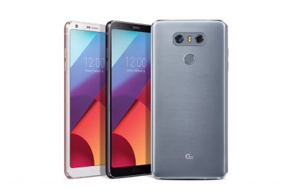 The front and rear view of the LG G6 in Mystic White, Astro Black and Ice Platinum