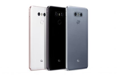 The rear view of the LG G6 in Mystic White, Astro Black and Ice Platinum