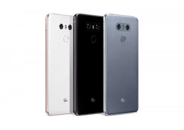 The rear view of the LG G6 in Mystic White, Astro Black and Ice Platinum