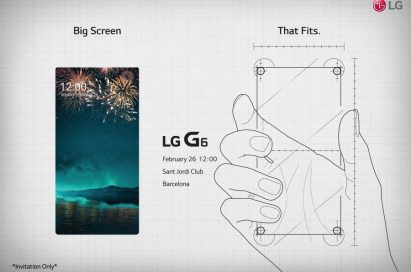 The LG G6 Press Event invitation, to be held at Barcelona’s Saint Jordi Club on February 26th, 2017 at 12:00pm, with the phrase “Big Screen That Fits” across the top