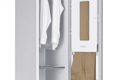 Side view of LG Styler with two shirts and one pants hanged in it