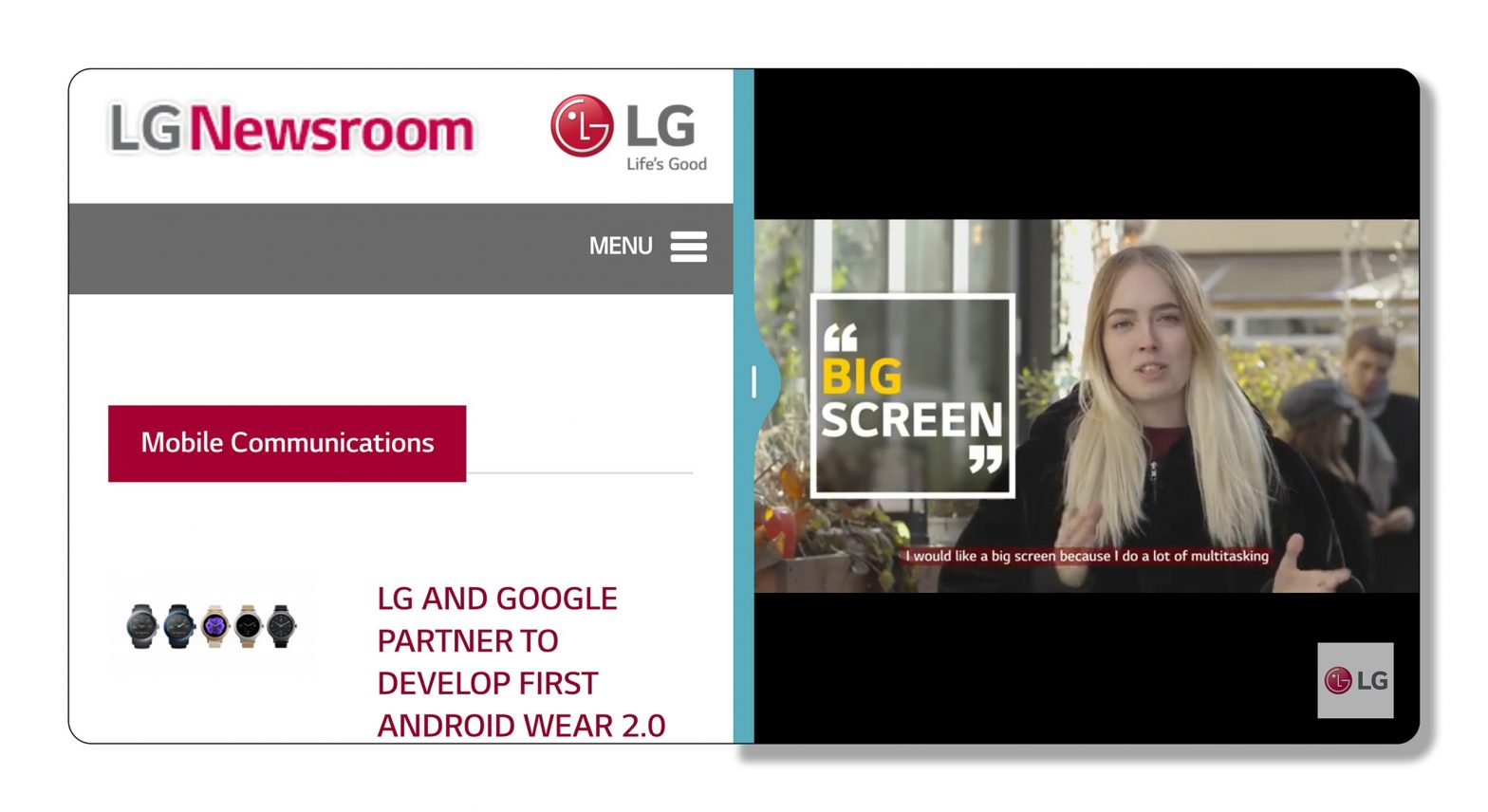 A screenshot of two perfectly square windows side by side with LG G6’s smartly designed GUI that can enable the 18:9 FullVision display to be split in half