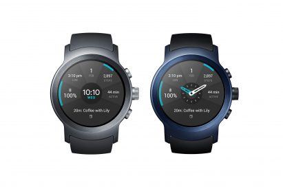 The front view of the LG Watch Sport in Titanium and Dark Blue