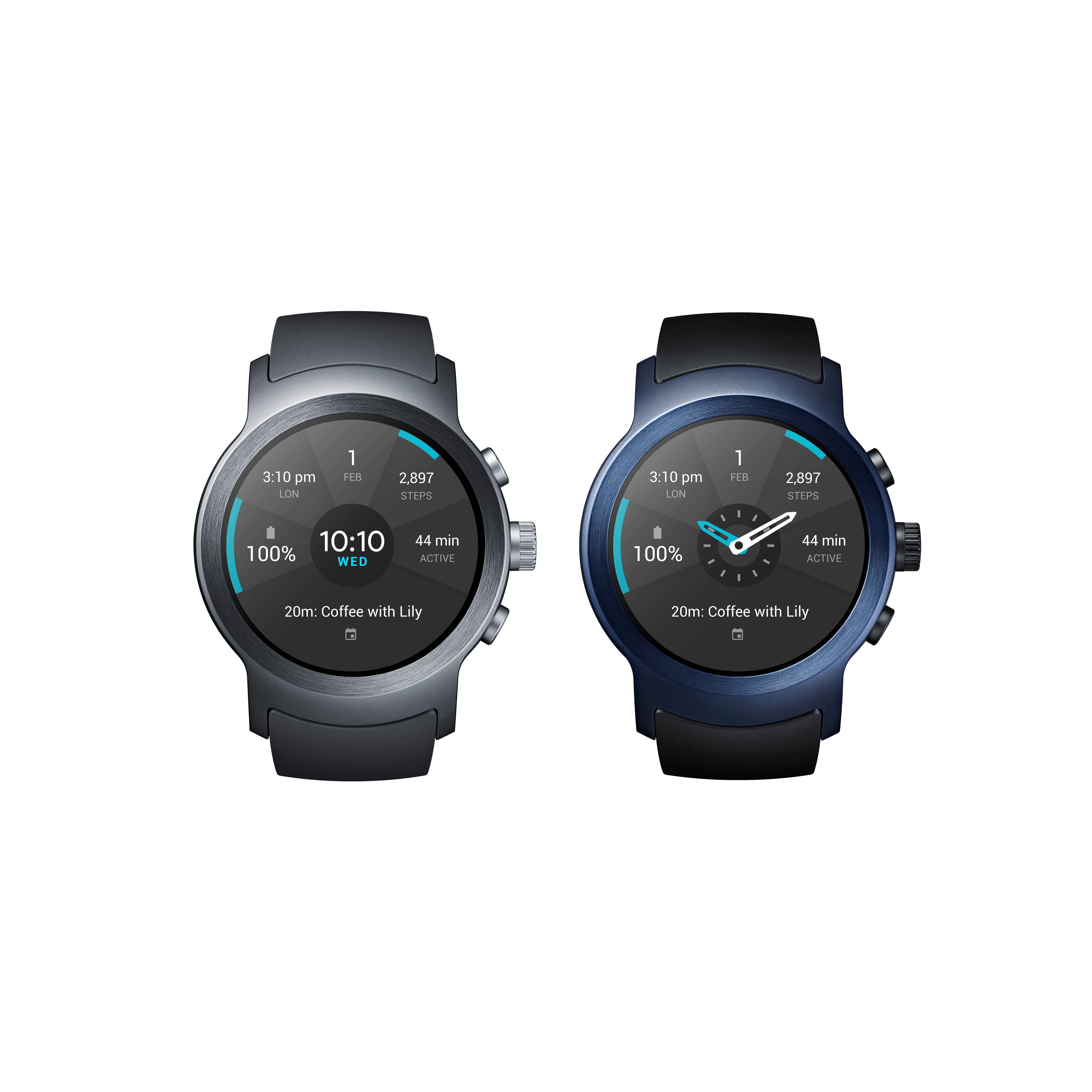 The front view of the LG Watch Sport in Titanium and Dark Blue