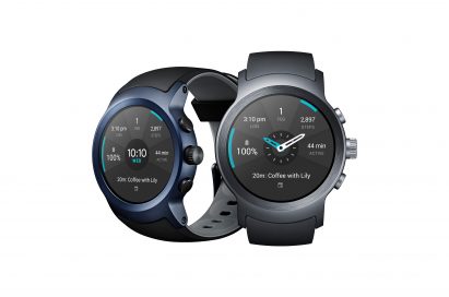 The front and side view of the LG Watch Sport in Titanium and Dark Blue