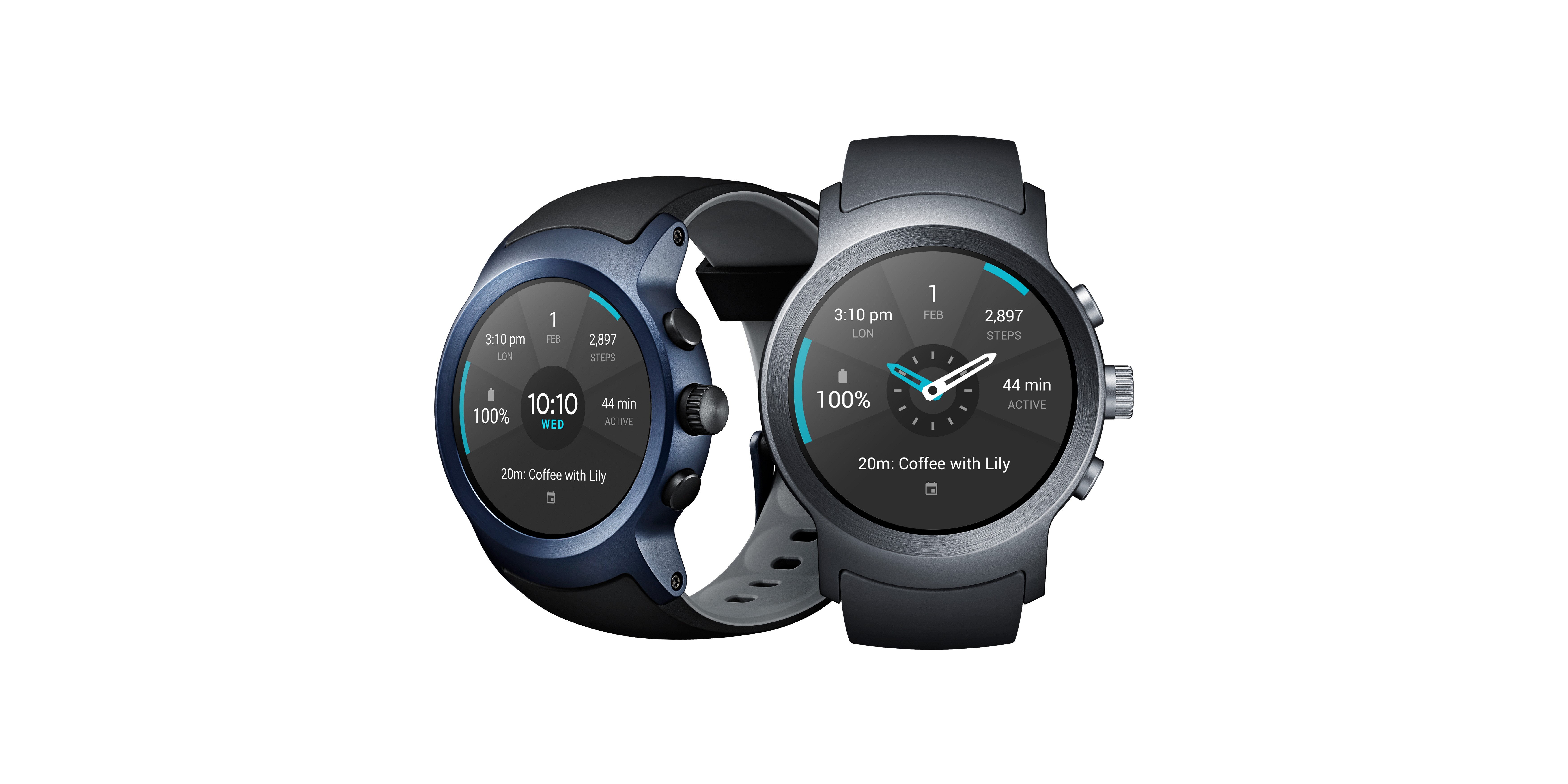 The front and side view of the LG Watch Sport in Titanium and Dark Blue