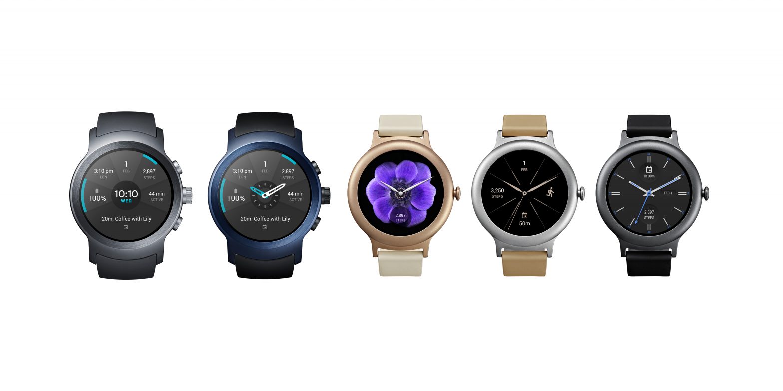 The front view of the LG Watch Sport in Titanium and Dark Blue and the LG Watch Style in Silver, Rose Gold and Titanium
