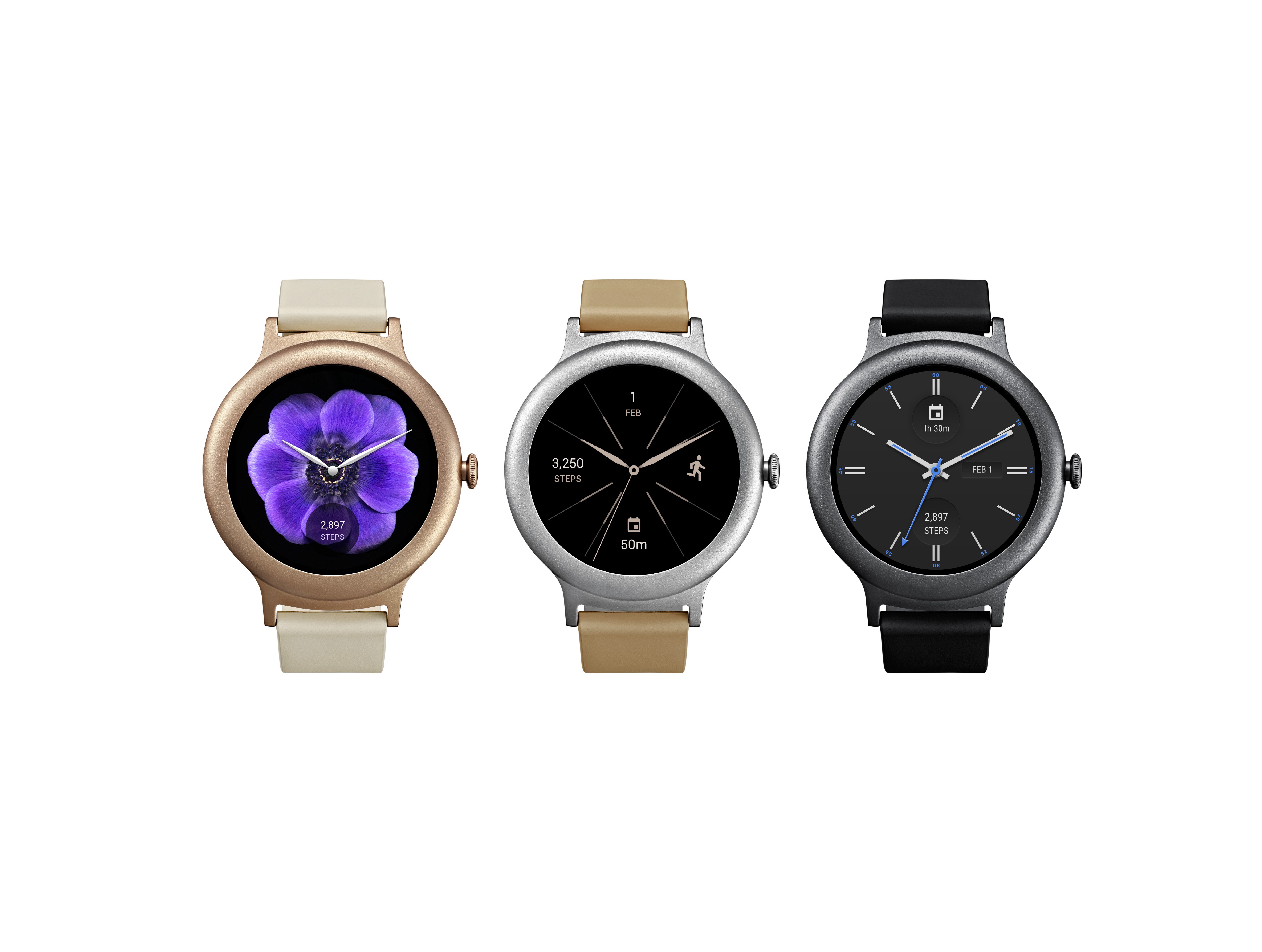 The front view of the LG Watch Style in Silver, Rose Gold and Titanium