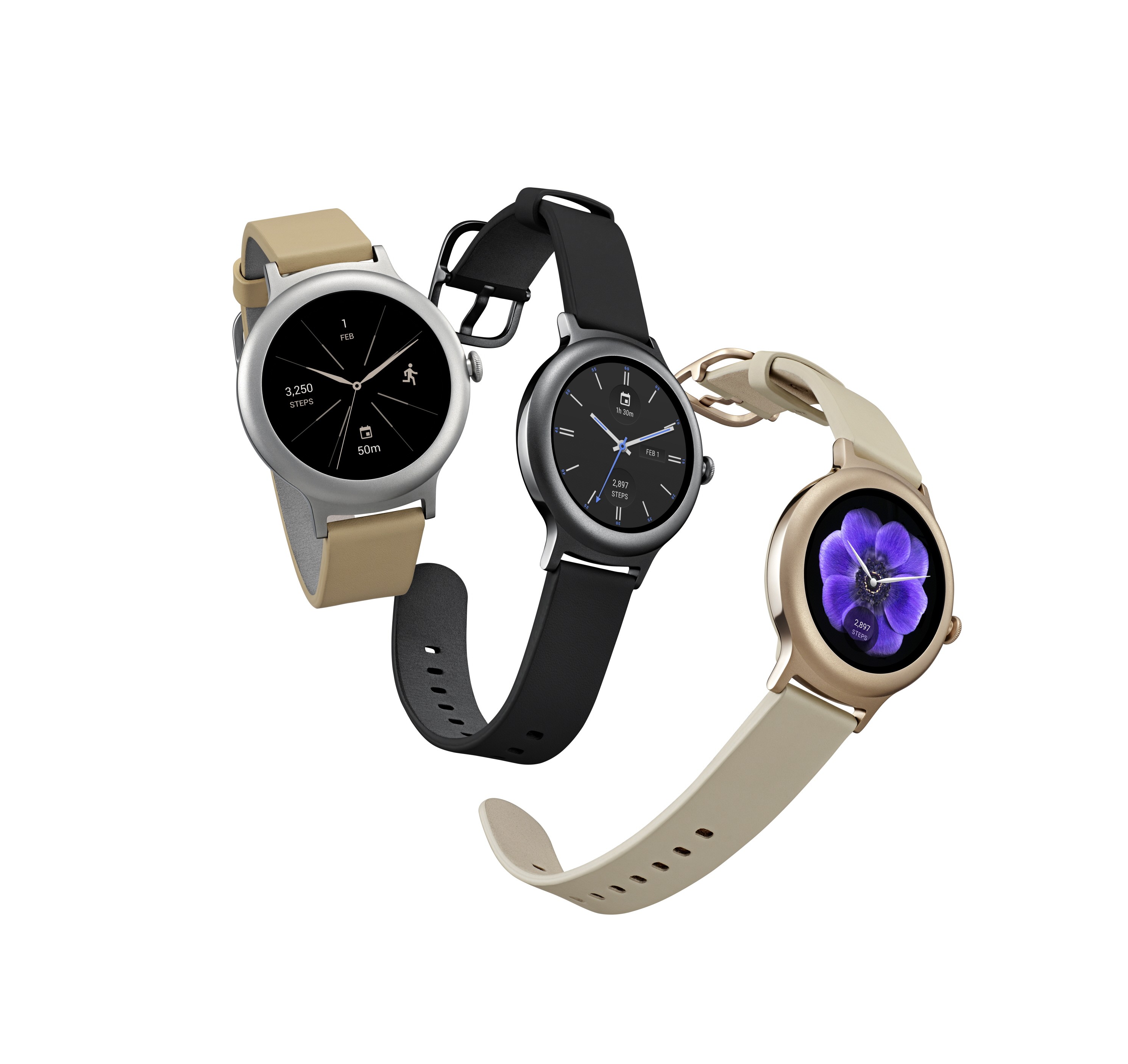 The front and side view of the LG Watch Style in Rose Gold, Titanium and Silver