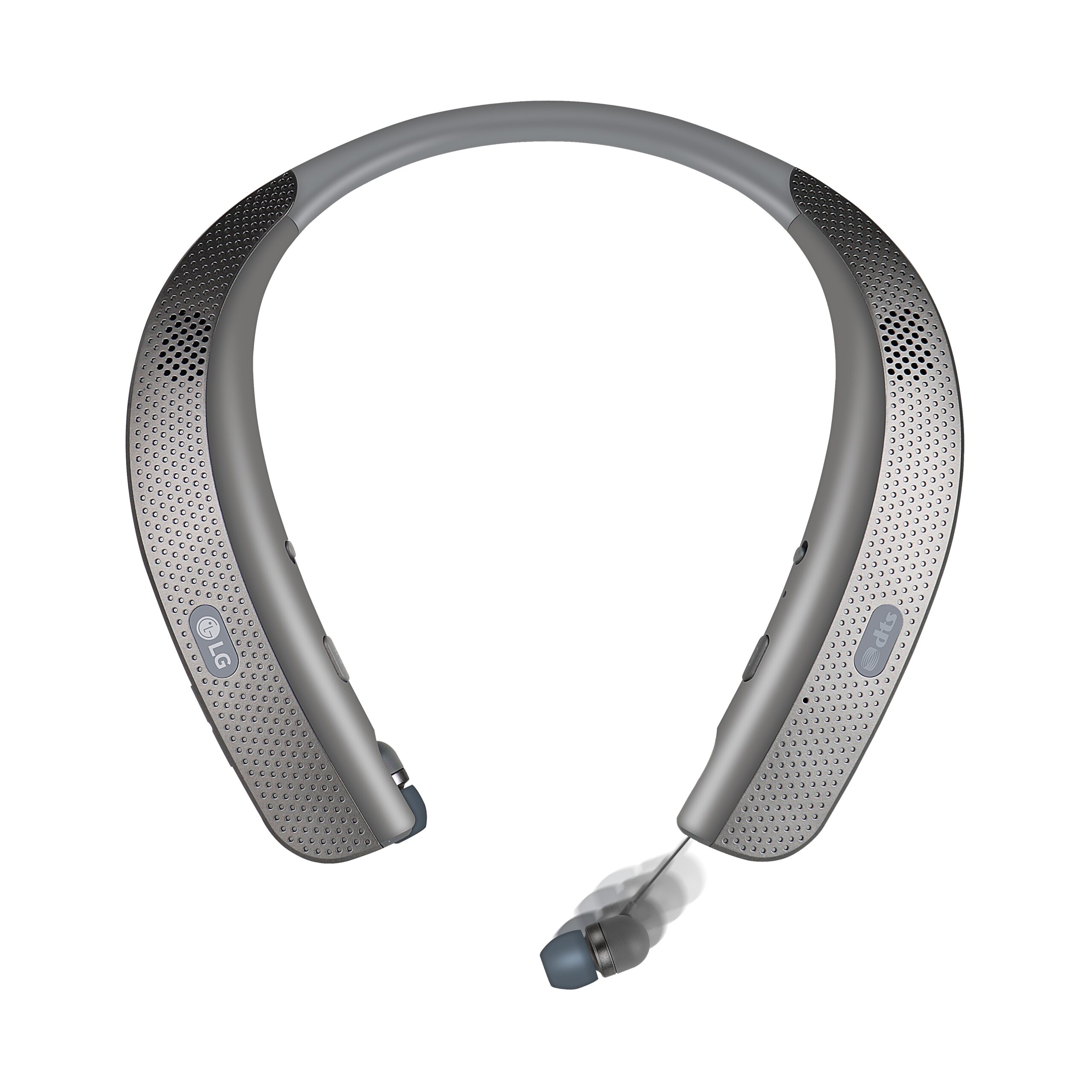 The top view of the LG Tone Studio, with the right earbud extracted from the neckband