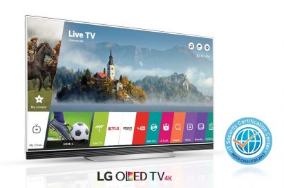 An LG OLED TV with Common Criteria certification logo on its right side
