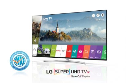 An LG SUPER UHD TV with Common Criteria certification logo on its left side