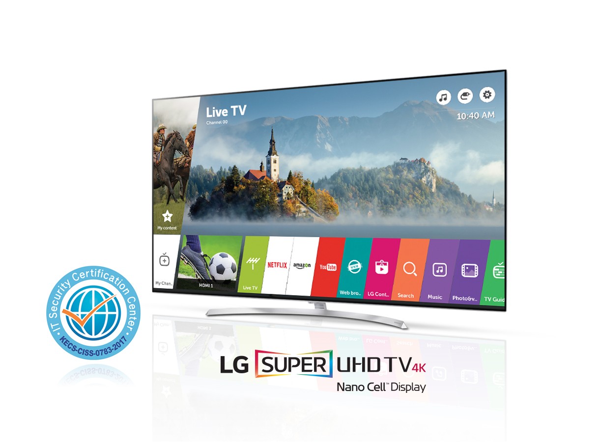 An LG SUPER UHD TV with Common Criteria certification logo on its left side