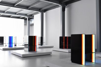 A side view of three installations found inside Tokujin Yoshioka’s art exhibition, equipped with LG’s OLED displays to showcase the technology’s black levels