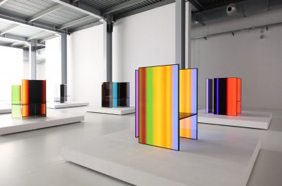 A side view of four installations found inside Tokujin Yoshioka’s art exhibition, equipped with LG’s OLED displays to showcase vivid colors and artwork to visitors