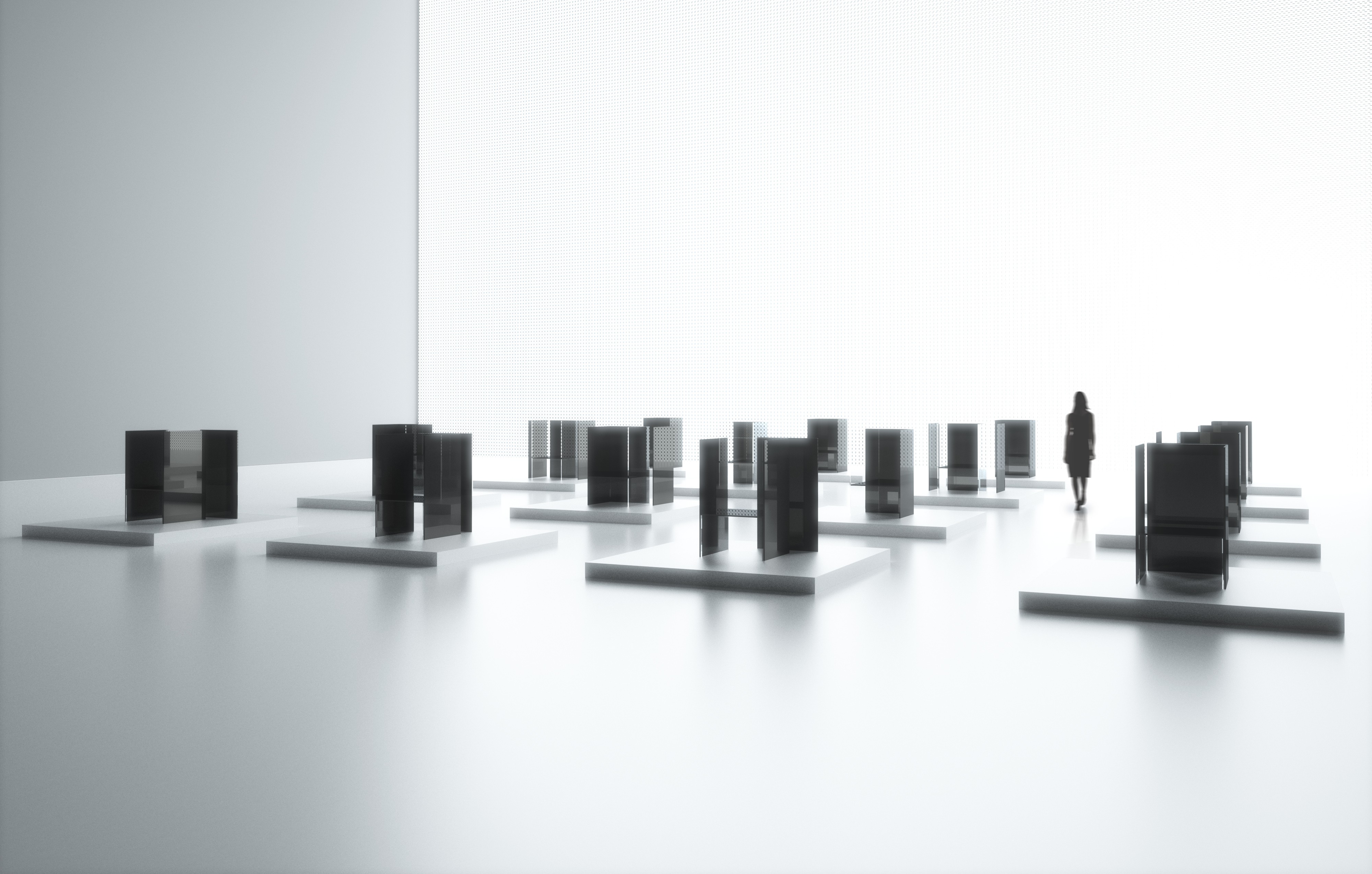A wide-angle view of many of the installations found inside Tokujin Yoshioka’s art exhibition in a bright setting, equipped with the latest LG OLED display technology
