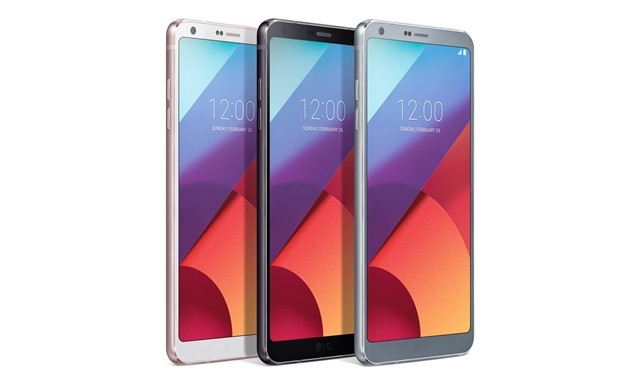 Three LG G6 smartphones in white, black and silver color variations