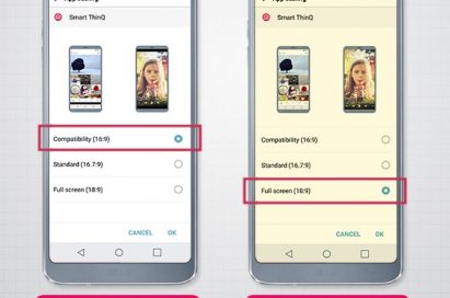 Two LG G6 smartphones showing App Scaling option screen with available modes: compatibility (16:9), standard (16.7:9) and full screen (18:9)