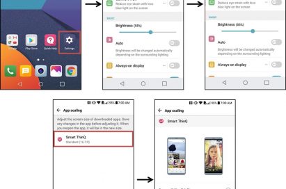 Series of five screenshots of LG G6 display giving step-by-step instructions on how to use the App Scaling feature