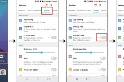 Series of four screenshots of LG G6 display giving step-by-step instructions for turning on Comfort View mode