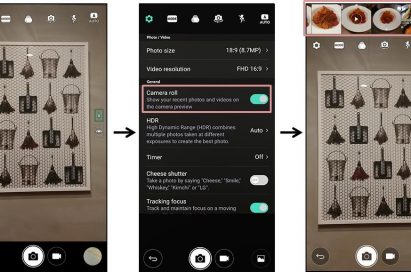 Series of three screenshots of LG G6 display giving step-by-step instructions on how to turn on Camera Roll