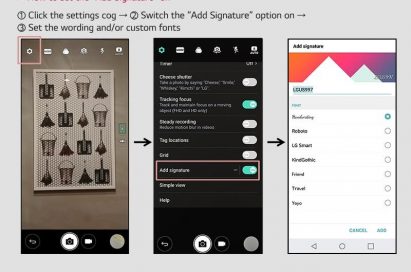 Series of three screenshots of LG G6 display giving step-by-step instructions for turning on the Add Signature feature