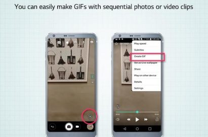 Two side-by-side LG G6 smartphones displaying GIF-making feature below message stating: Make GIFs, you can easily make GIF files with sequential photos or video clips