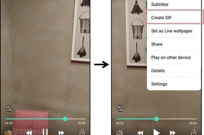 Series of two screenshots of LG G6 display showing how to make GIF files from a video clip