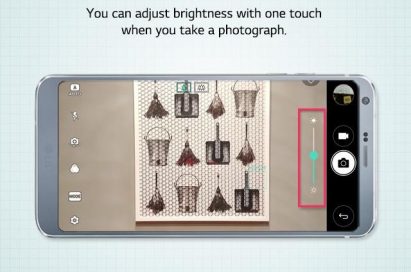 Image of LG G6 below message stating: Adjusting Brightness, you can adjust brightness with one touch when you take a photograph