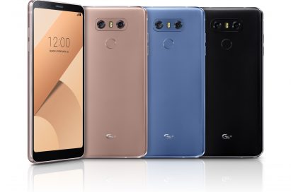 The front and back view of the LG G6+ in Optical Terra Gold, Optical Marine Blue and Optical Astro Black, side-by-side