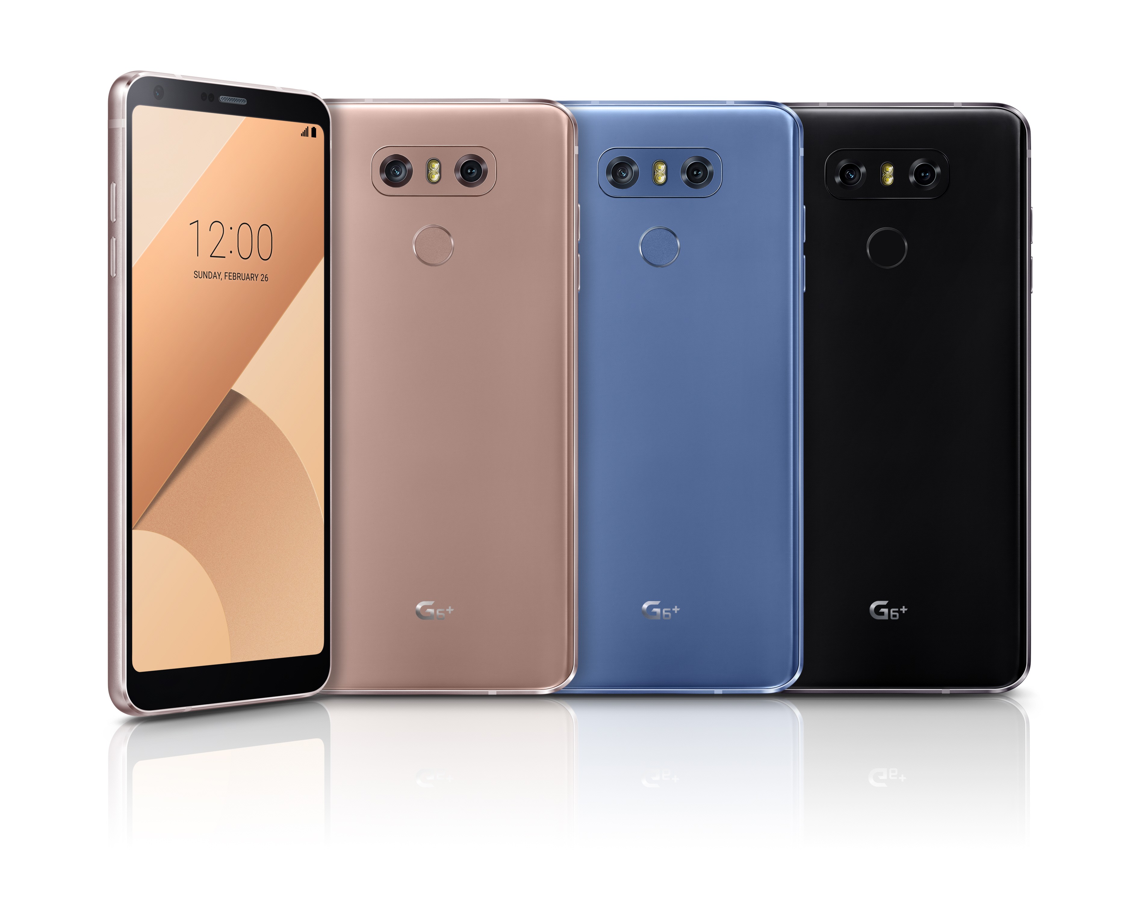 The front and back view of the LG G6+ in Optical Terra Gold, Optical Marine Blue and Optical Astro Black, side-by-side