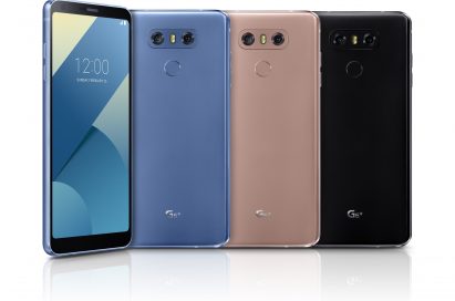 The front and back view of the LG G6+ in Optical Marine Blue, Optical Terra Gold and Optical Astro Black, side-by-side