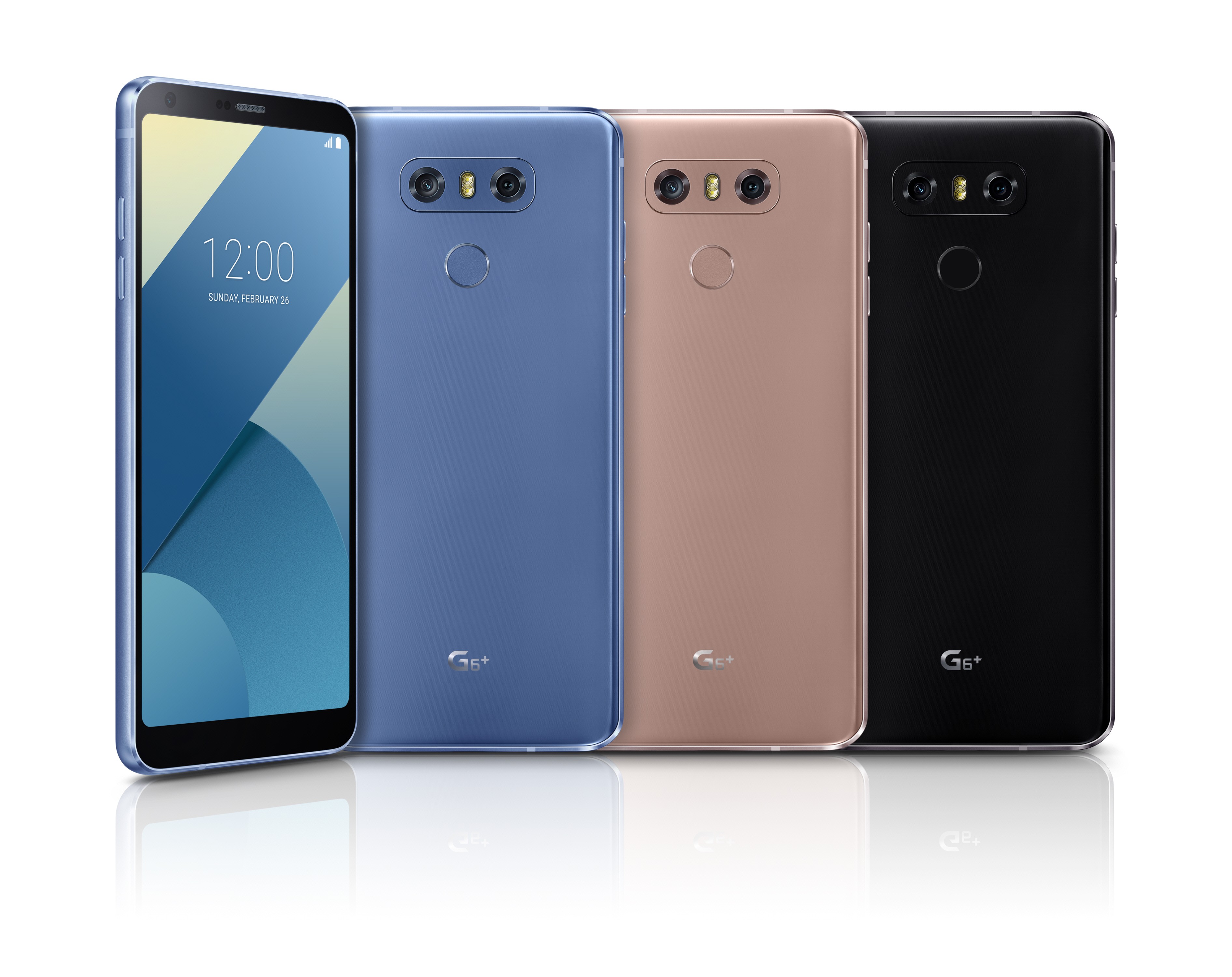 The front and back view of the LG G6+ in Optical Marine Blue, Optical Terra Gold and Optical Astro Black, side-by-side